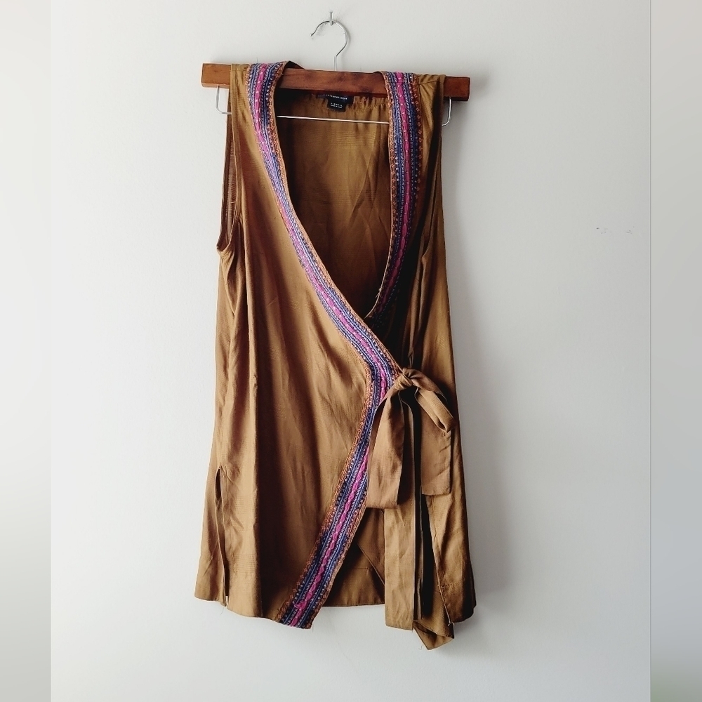 Maeve Anthropology brown with knitted detail boho  wrap around top size xs‎